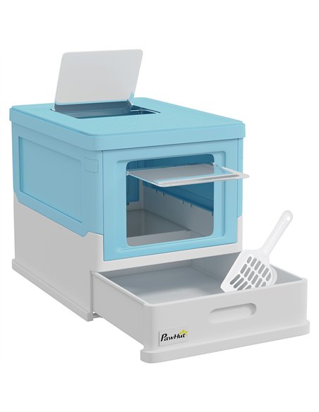 PawHut Hooded Cat Litter Box, Portable Pet Toilet, with Scoop, Front Entry - Light Blue - pic 159861 | FastDaddyshop