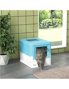 PawHut Hooded Cat Litter Box, Portable Pet Toilet, with Scoop, Front Entry - Light Blue 2