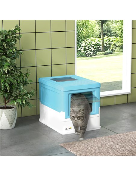 PawHut Hooded Cat Litter Box, Portable Pet Toilet, with Scoop, Front Entry - Light Blue - pic 159862 | FastDaddyshop