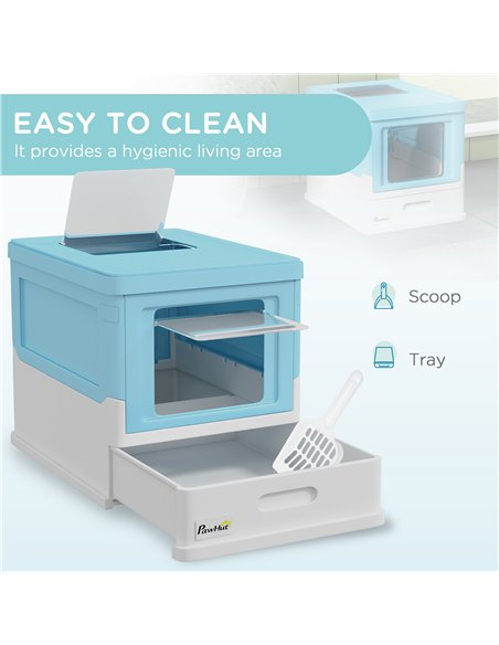 PawHut Hooded Cat Litter Box, Portable Pet Toilet, with Scoop, Front Entry - Light Blue - pic 159864 | FastDaddyshop
