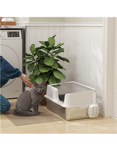 PawHut Stainless Steel Litter Box with Detachable Rim, Scoop, Easy Cleaning, Odour-Resistant, 60 x 40 x 28 cm