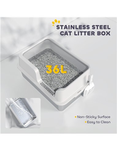 PawHut Stainless Steel Litter Box with Detachable Rim, Scoop, Easy Cleaning, Odour-Resistant, 60 x 40 x 28 cm