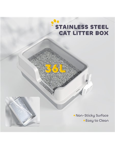 PawHut Stainless Steel Litter Box with Detachable Rim, Scoop, Easy Cleaning, Odour-Resistant, 60 x 40 x 28 cm - pic 159874 | FastDaddyshop