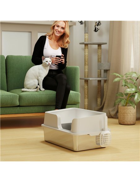 PawHut Stainless Steel Litter Box with Detachable Rim, Scoop, Easy Cleaning, Odour-Resistant, 60 x 40 x 28 cm - pic 159877 | FastDaddyshop