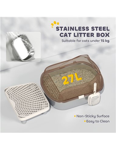 PawHut Stainless Steel Litter Box with Lid, High Wall Sided Enclosure, Pedal, Scoop, Non-Sticky, Anti-Leakage, Easy Cleaning