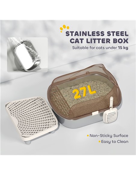 PawHut Stainless Steel Litter Box with Lid, High Wall Sided Enclosure, Pedal, Scoop, Non-Sticky, Anti-Leakage, Easy Cleaning - pic 159883 | FastDaddyshop