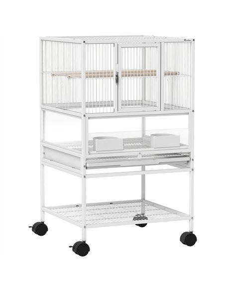 PawHut Bird Cage with Rolling Stand, Acrylic Viewing Panels, Storage Shelf, for Budgie, Parakeet, 48 x 46 x 83 cm - pic 159906 | FastDaddyshop