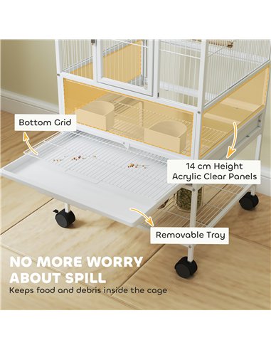 PawHut Bird Cage with Rolling Stand, Acrylic Viewing Panels, Storage Shelf, for Budgie, Parakeet, 48 x 46 x 83 cm