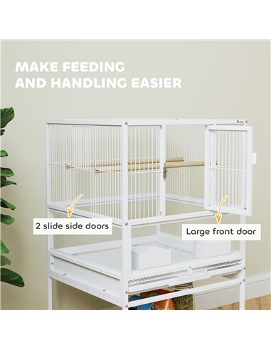 PawHut Bird Cage with Rolling Stand, Acrylic Viewing Panels, Storage Shelf, for Budgie, Parakeet, 48 x 46 x 83 cm