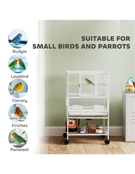 PawHut Bird Cage with Rolling Stand, Acrylic Viewing Panels, Storage Shelf, for Budgie, Parakeet, 48 x 46 x 83 cm - pic 159913 | FastDaddyshop