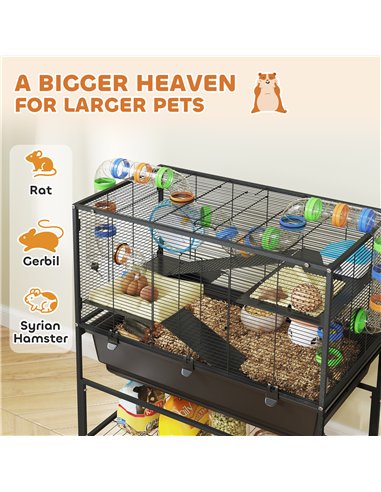PawHut 3 Tier Large Hamster Cage on Wheels with 17 cm Deep Tray, Storage Shelf for Syrian, Gerbil, Rats