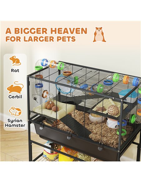 PawHut 3 Tier Large Hamster Cage on Wheels with 17 cm Deep Tray, Storage Shelf for Syrian, Gerbil, Rats - pic 159918 | FastDaddyshop