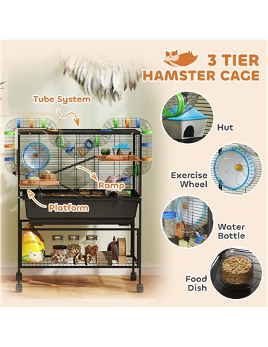 PawHut 3 Tier Large Hamster Cage on Wheels with 17 cm Deep Tray, Storage Shelf for Syrian, Gerbil, Rats