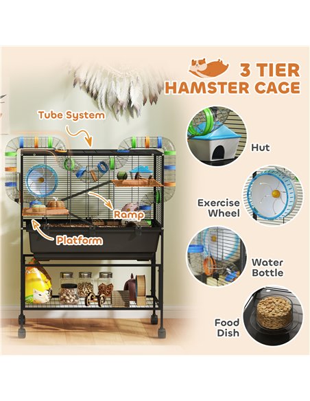 PawHut 3 Tier Large Hamster Cage on Wheels with 17 cm Deep Tray, Storage Shelf for Syrian, Gerbil, Rats - pic 159919 | FastDaddyshop