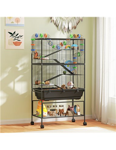 PawHut 5 Tier Large Hamster Cage on Wheels with 17 cm Deep Tray, Storage Shelf for Syrian, Gerbil, Rats