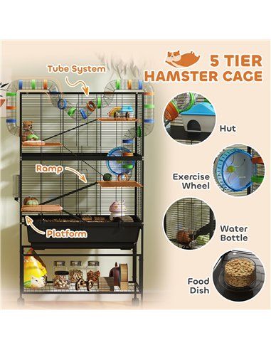 PawHut 5 Tier Large Hamster Cage on Wheels with 17 cm Deep Tray, Storage Shelf for Syrian, Gerbil, Rats