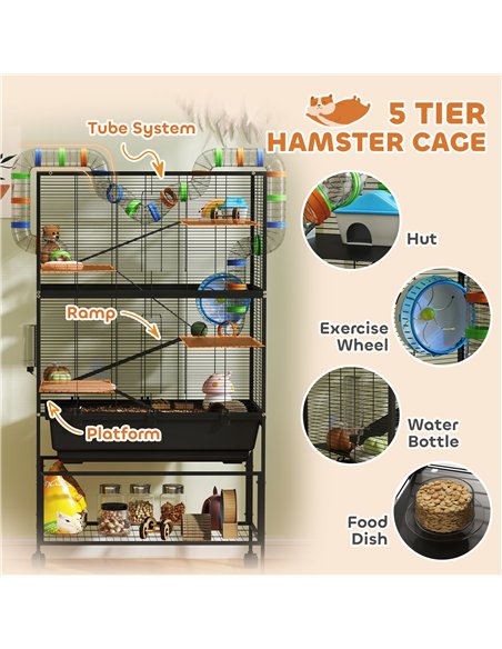 PawHut 5 Tier Large Hamster Cage on Wheels with 17 cm Deep Tray, Storage Shelf for Syrian, Gerbil, Rats - pic 159928 | FastDaddyshop