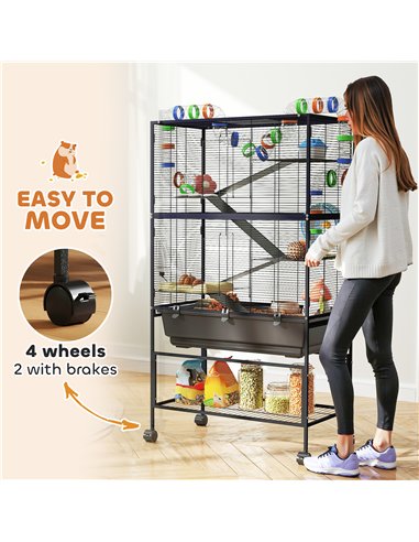PawHut 5 Tier Large Hamster Cage on Wheels with 17 cm Deep Tray, Storage Shelf for Syrian, Gerbil, Rats