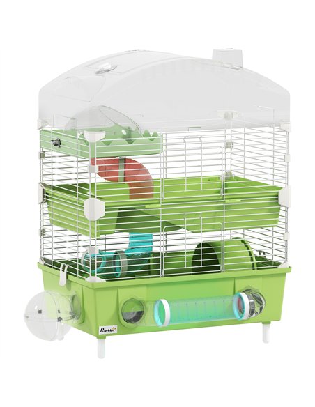 PawHut 3-Tier Hamster Cage with Transparent Top, Sand Bathroom, Exercise Wheel, Hideout Room, Tubes, 45 x 28 x 60 cm, Green - pic 159933 | FastDaddyshop