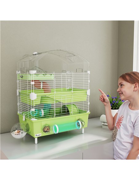 PawHut 3-Tier Hamster Cage with Transparent Top, Sand Bathroom, Exercise Wheel, Hideout Room, Tubes, 45 x 28 x 60 cm, Green - pic 159934 | FastDaddyshop