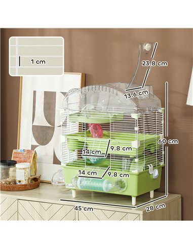 PawHut 3-Tier Hamster Cage with Transparent Top, Sand Bathroom, Exercise Wheel, Hideout Room, Tubes, 45 x 28 x 60 cm, Green