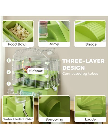 PawHut 3-Tier Hamster Cage with Transparent Top, Sand Bathroom, Exercise Wheel, Hideout Room, Tubes, 45 x 28 x 60 cm, Green