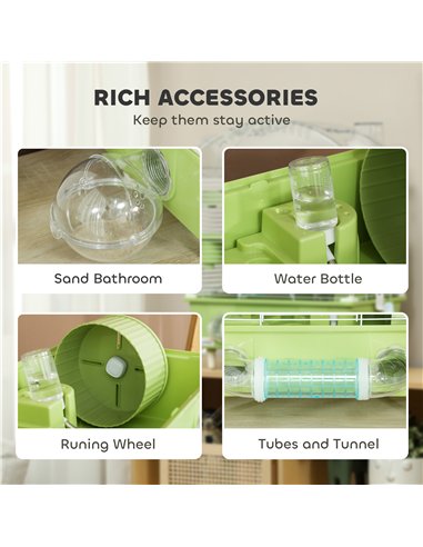 PawHut 3-Tier Hamster Cage with Transparent Top, Sand Bathroom, Exercise Wheel, Hideout Room, Tubes, 45 x 28 x 60 cm, Green