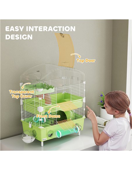 PawHut 3-Tier Hamster Cage with Transparent Top, Sand Bathroom, Exercise Wheel, Hideout Room, Tubes, 45 x 28 x 60 cm, Green - pic 159938 | FastDaddyshop