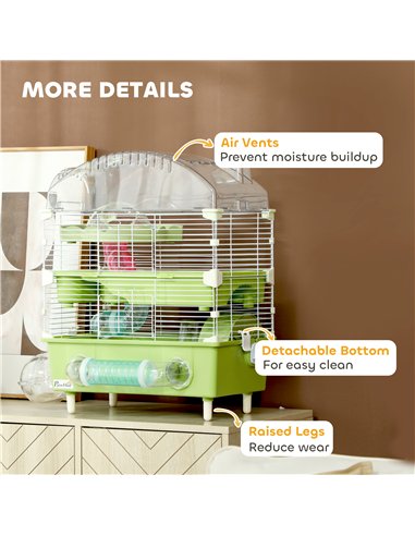 PawHut 3-Tier Hamster Cage with Transparent Top, Sand Bathroom, Exercise Wheel, Hideout Room, Tubes, 45 x 28 x 60 cm, Green
