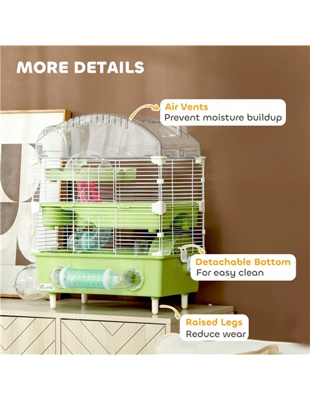 PawHut 3-Tier Hamster Cage with Transparent Top, Sand Bathroom, Exercise Wheel, Hideout Room, Tubes, 45 x 28 x 60 cm, Green - pic 159939 | FastDaddyshop