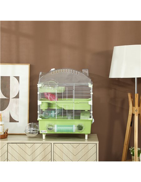 PawHut 3-Tier Hamster Cage with Transparent Top, Sand Bathroom, Exercise Wheel, Hideout Room, Tubes, 45 x 28 x 60 cm, Green - pic 159940 | FastDaddyshop