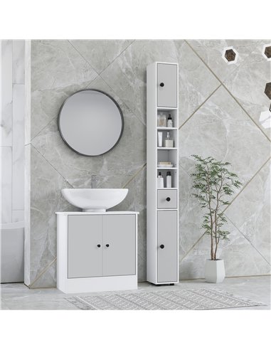 kleankin 180cm Slim Bathroom Cabinet, with Drawer, Shelves and Cupboards - Light Grey