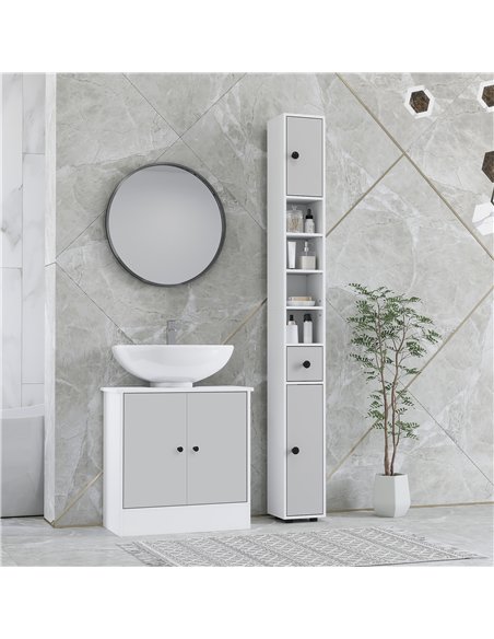 kleankin 180cm Slim Bathroom Cabinet, with Drawer, Shelves and Cupboards - Light Grey - pic 159979 | FastDaddyshop