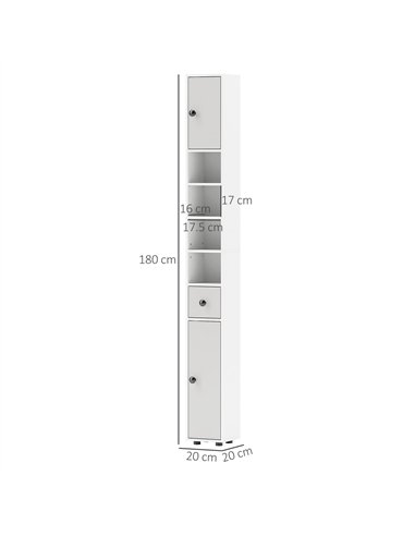 kleankin 180cm Slim Bathroom Cabinet, with Drawer, Shelves and Cupboards - Light Grey