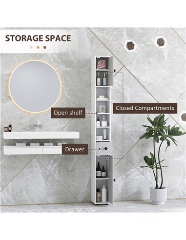 kleankin 180cm Slim Bathroom Cabinet, with Drawer, Shelves and Cupboards - Light Grey