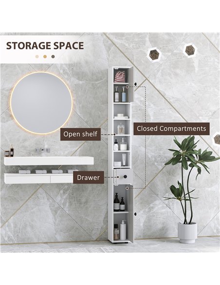 kleankin 180cm Slim Bathroom Cabinet, with Drawer, Shelves and Cupboards - Light Grey - pic 159981 | FastDaddyshop