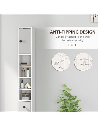 kleankin 180cm Slim Bathroom Cabinet, with Drawer, Shelves and Cupboards - Light Grey