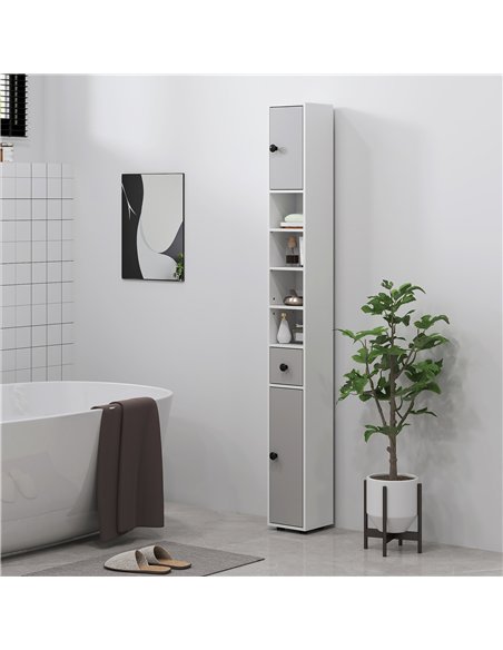 kleankin 180cm Slim Bathroom Cabinet, with Drawer, Shelves and Cupboards - Light Grey - pic 159984 | FastDaddyshop
