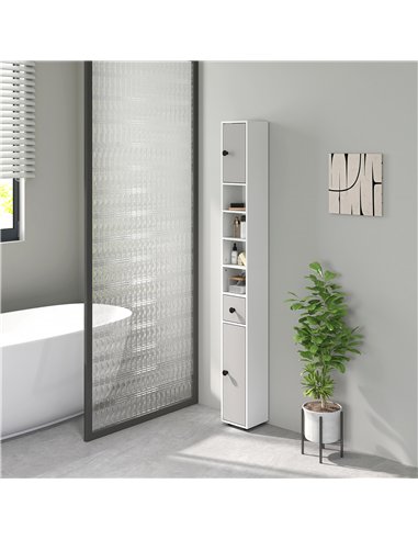 kleankin 180cm Slim Bathroom Cabinet, with Drawer, Shelves and Cupboards - Light Grey
