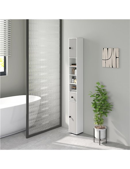 kleankin 180cm Slim Bathroom Cabinet, with Drawer, Shelves and Cupboards - Light Grey - pic 159985 | FastDaddyshop