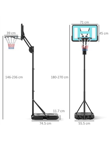 SPORTNOW Fully Adjustable Basketball Hoop Outdoor, 146-236cm Basketball Hoop and Stand with Weighted Base and Shatterproof Backb
