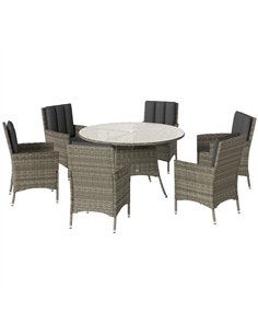Outsunny Seven-Piece Rattan Dining Table, with Round Glass-Top Table - Light Grey