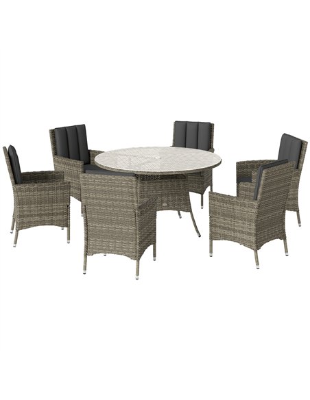 Outsunny Seven-Piece Rattan Dining Table, with Round Glass-Top Table - Light Grey - pic 160284 | FastDaddyshop
