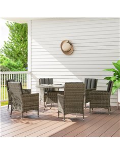 Outsunny Seven-Piece Rattan Dining Table, with Round Glass-Top Table - Light Grey 2