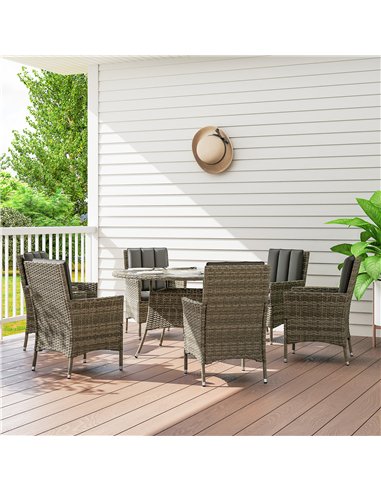 Outsunny Seven-Piece Rattan Dining Table, with Round Glass-Top Table - Light Grey