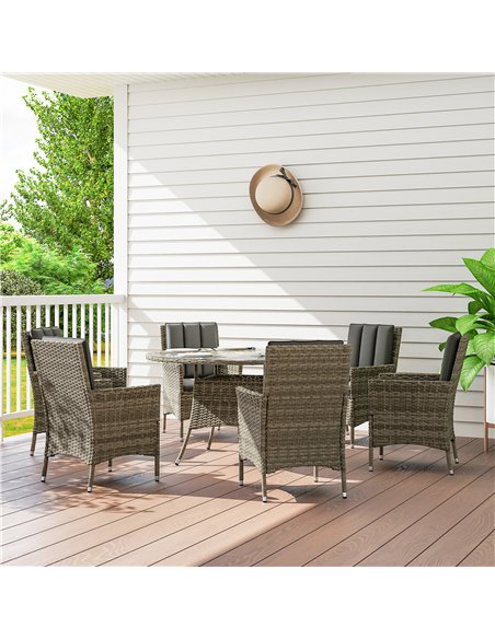 Outsunny Seven-Piece Rattan Dining Table, with Round Glass-Top Table - Light Grey - pic 160285 | FastDaddyshop