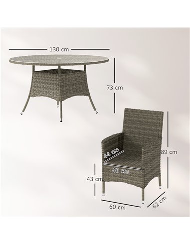 Outsunny Seven-Piece Rattan Dining Table, with Round Glass-Top Table - Light Grey