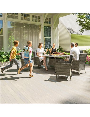 Outsunny Seven-Piece Rattan Dining Table, with Round Glass-Top Table - Light Grey