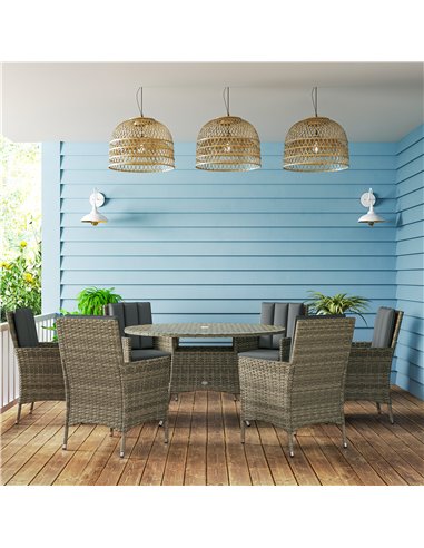 Outsunny Seven-Piece Rattan Dining Table, with Round Glass-Top Table - Light Grey
