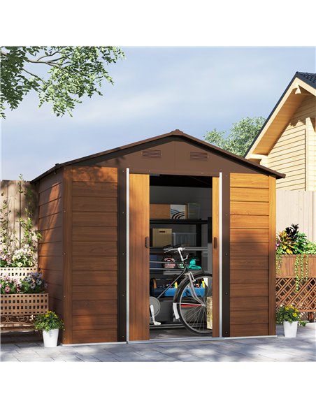 Outsunny 6 x 8ft Galvanised Steel Shed - Brown Wood-Effect - pic 160312 | FastDaddyshop